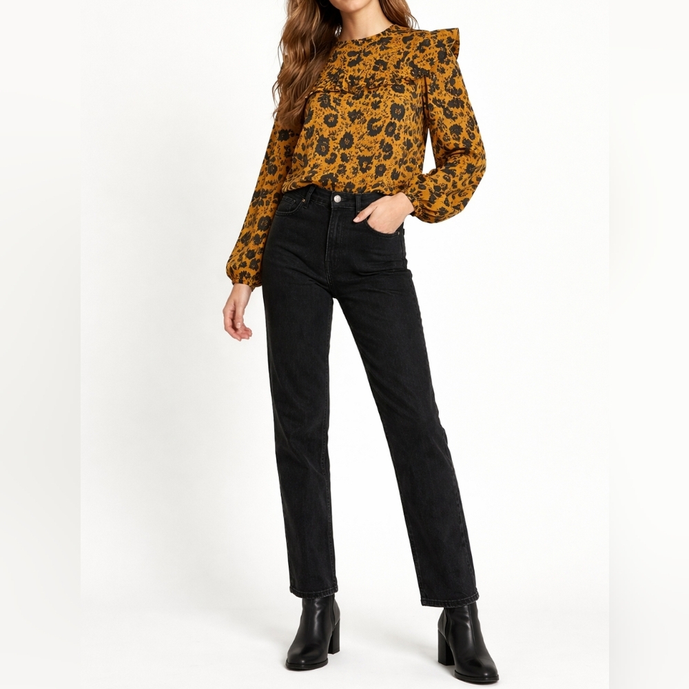 TOPSHOP Ruffle Yoke Blouse | US 12 | Mustard Floral Leopard | Cottagecore Boho